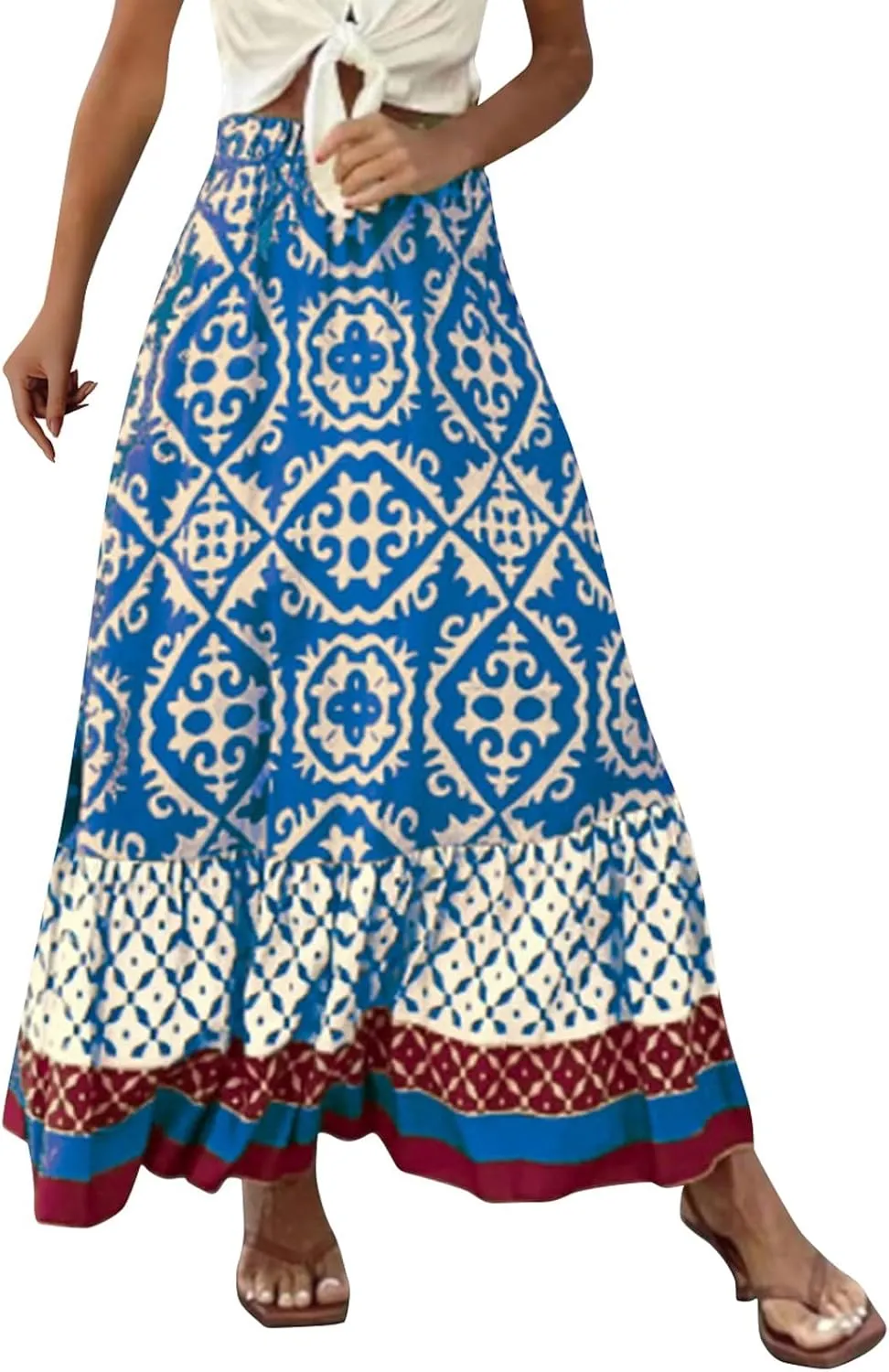 JJHAEVDY Women's 2025 Bohemian Long Skirts Elastic High Waist A Line Maxi Skirts Summer Casual Printed Pleated Flowy Skirts