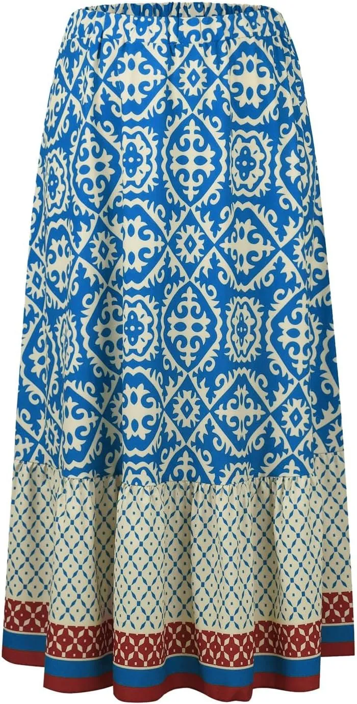 JJHAEVDY Women's 2025 Bohemian Long Skirts Elastic High Waist A Line Maxi Skirts Summer Casual Printed Pleated Flowy Skirts