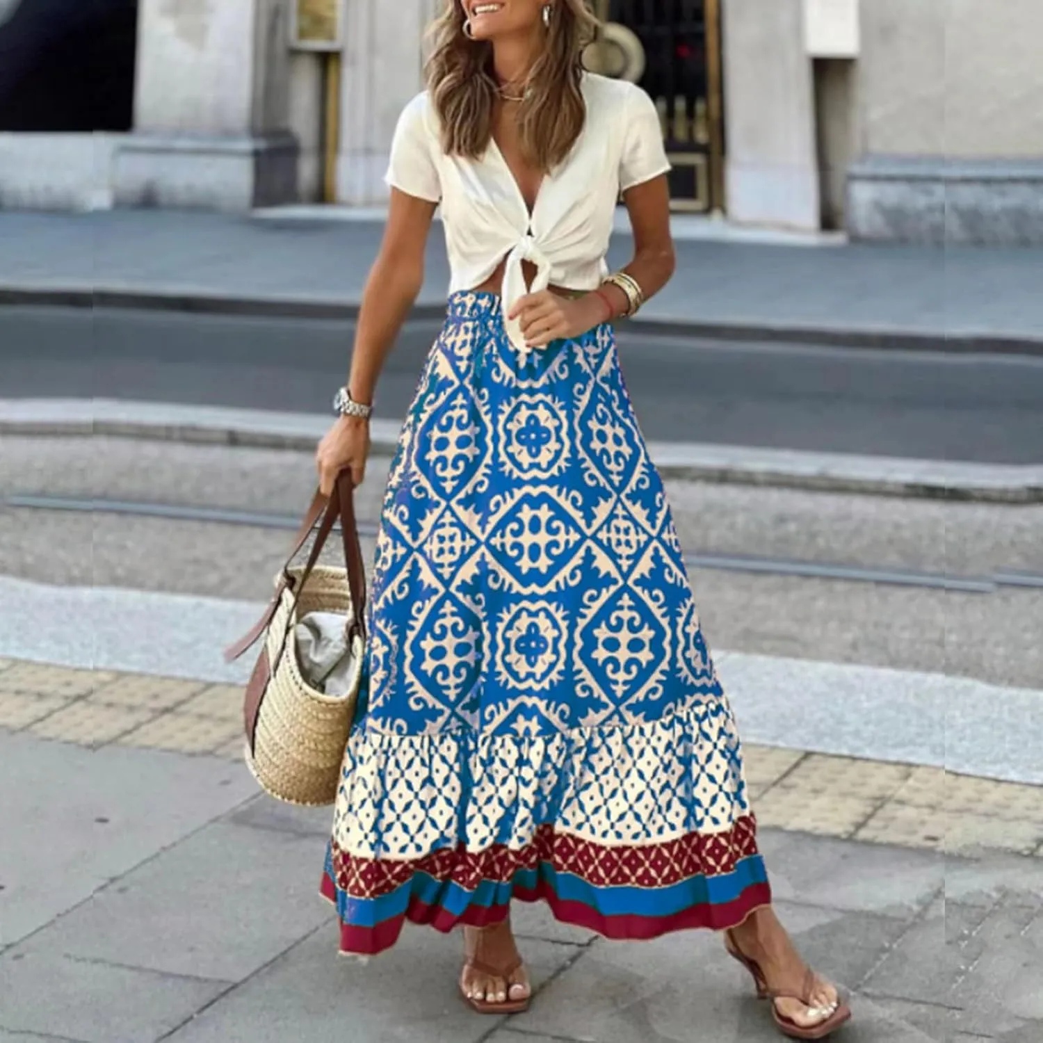 JJHAEVDY Women's 2025 Bohemian Long Skirts Elastic High Waist A Line Maxi Skirts Summer Casual Printed Pleated Flowy Skirts
