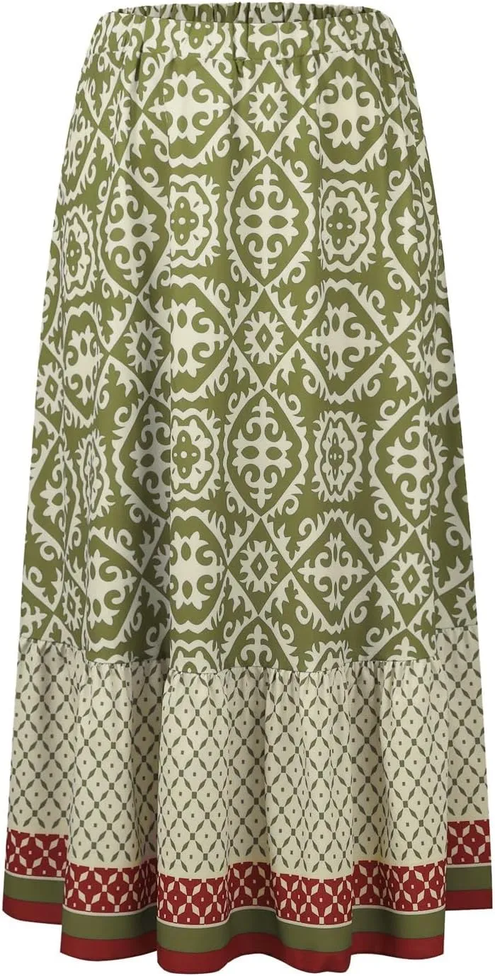 JJHAEVDY Women's 2025 Bohemian Long Skirts Elastic High Waist A Line Maxi Skirts Summer Casual Printed Pleated Flowy Skirts
