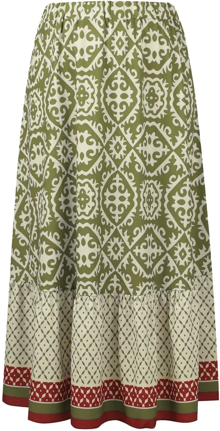 JJHAEVDY Women's 2025 Bohemian Long Skirts Elastic High Waist A Line Maxi Skirts Summer Casual Printed Pleated Flowy Skirts