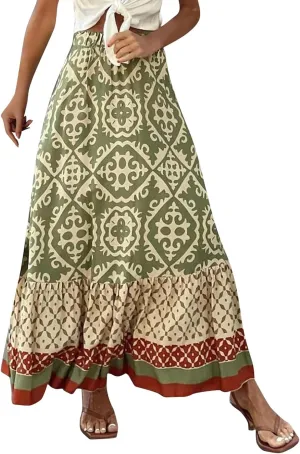 JJHAEVDY Women's 2025 Bohemian Long Skirts Elastic High Waist A Line Maxi Skirts Summer Casual Printed Pleated Flowy Skirts
