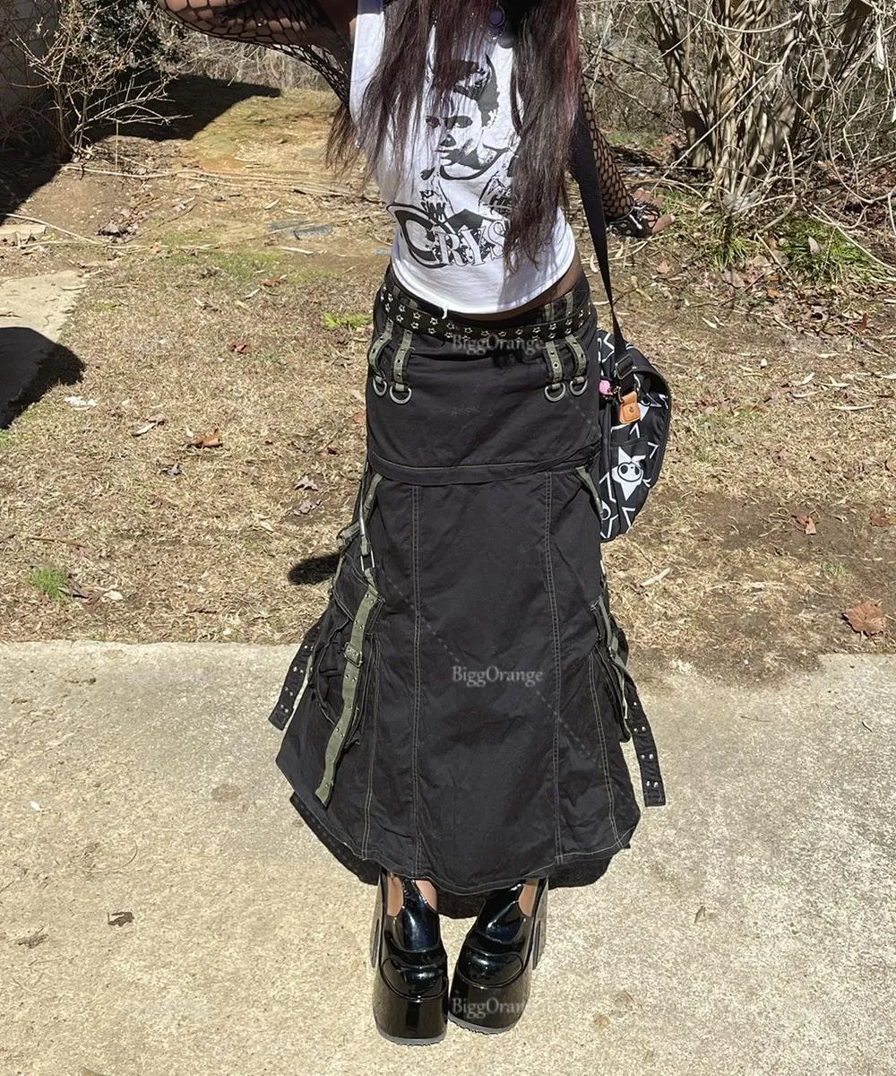 Joskaa American Streetwear Skirts Colorblock Women's Midi Dresses Gothic Bandage Low Waist Skirts Dark Hip Hop Punk A-Line Skirts