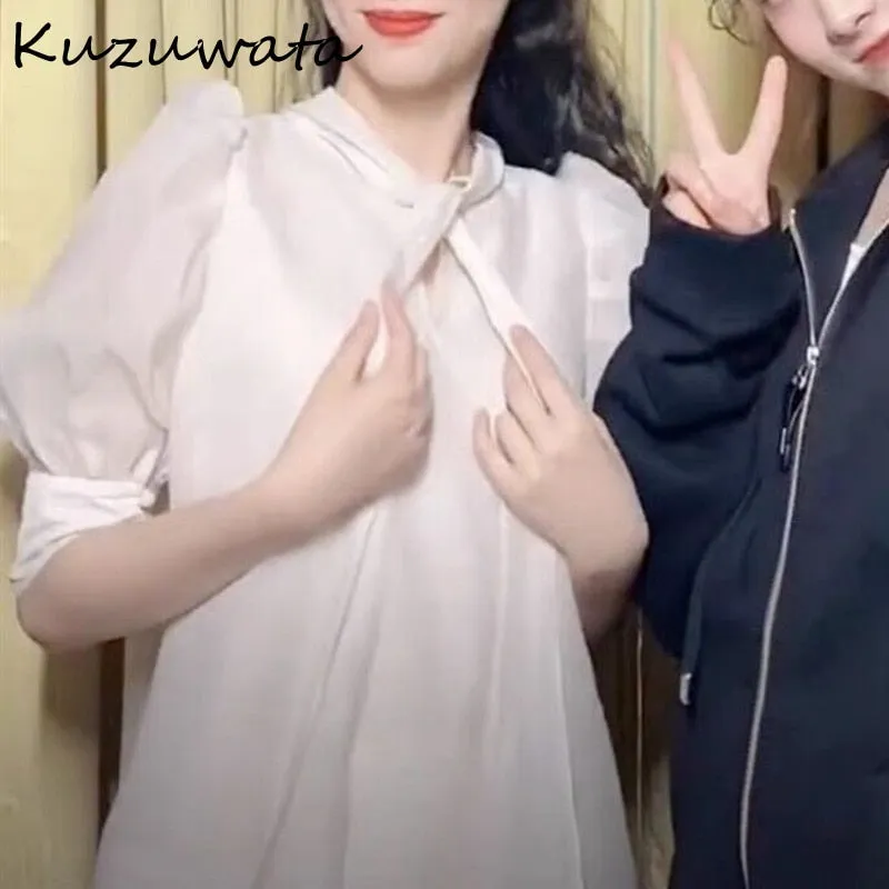 Joskaa Christmas Gift Kuzuwata 2024 Summer New Design Women's Blusas Half High Collar Lantern Sleeve Bow Bandage Solid Shirts Office Lady Blouses