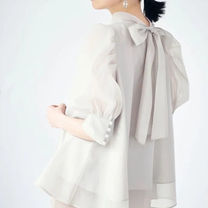 Joskaa Christmas Gift Kuzuwata 2024 Summer New Design Women's Blusas Half High Collar Lantern Sleeve Bow Bandage Solid Shirts Office Lady Blouses