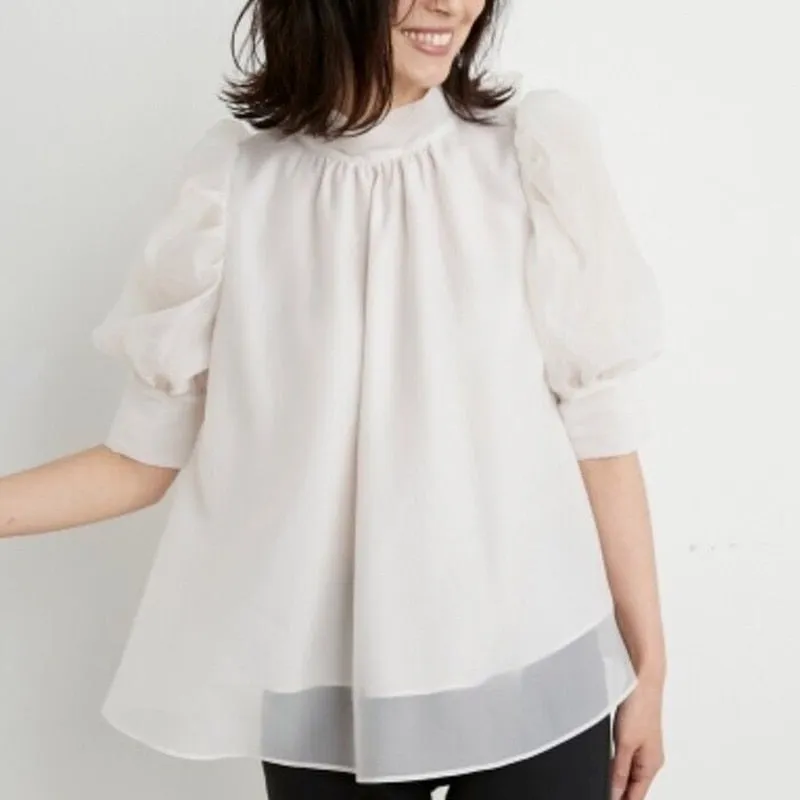 Joskaa Christmas Gift Kuzuwata 2024 Summer New Design Women's Blusas Half High Collar Lantern Sleeve Bow Bandage Solid Shirts Office Lady Blouses
