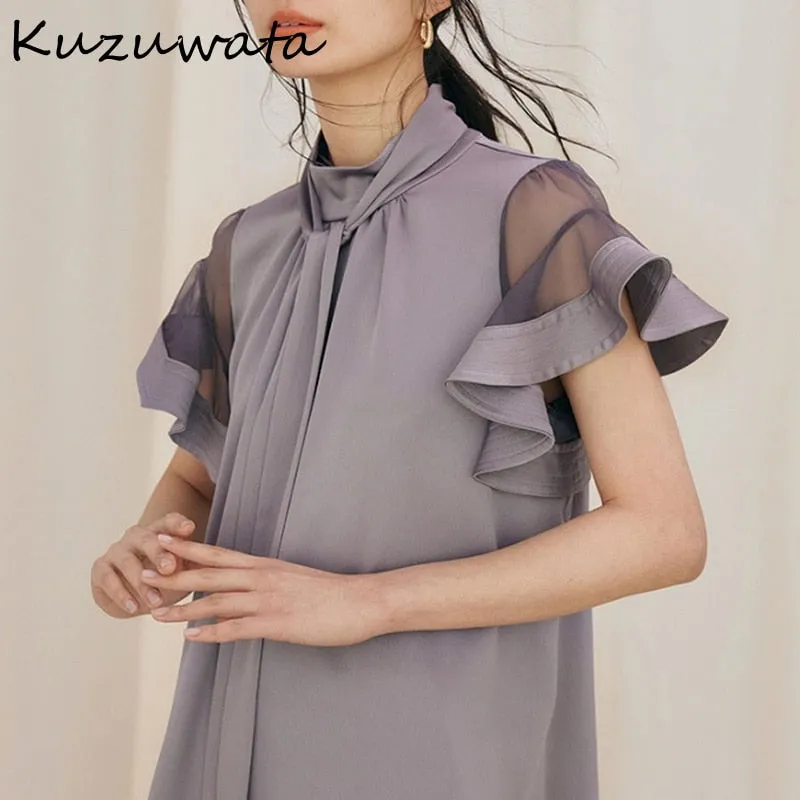 Joskaa Christmas Gift Kuzuwata Stand Collar Gauze Patchwork Butterfly Sleeve Solid Blouses Japanese Temperament Shirts 2024 Summer New Women Blusas