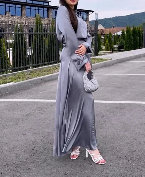 Joskaa Elegant Women's Sets Autumn Loose Solid Color Satin Long Sleeved Tops Straight Casual Long Skirt Sexy Urban Women's Skirt Sets
