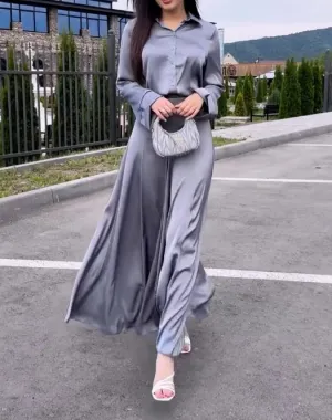 Joskaa Elegant Women's Sets Autumn Loose Solid Color Satin Long Sleeved Tops Straight Casual Long Skirt Sexy Urban Women's Skirt Sets
