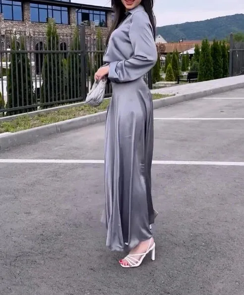 Joskaa Elegant Women's Sets Autumn Loose Solid Color Satin Long Sleeved Tops Straight Casual Long Skirt Sexy Urban Women's Skirt Sets