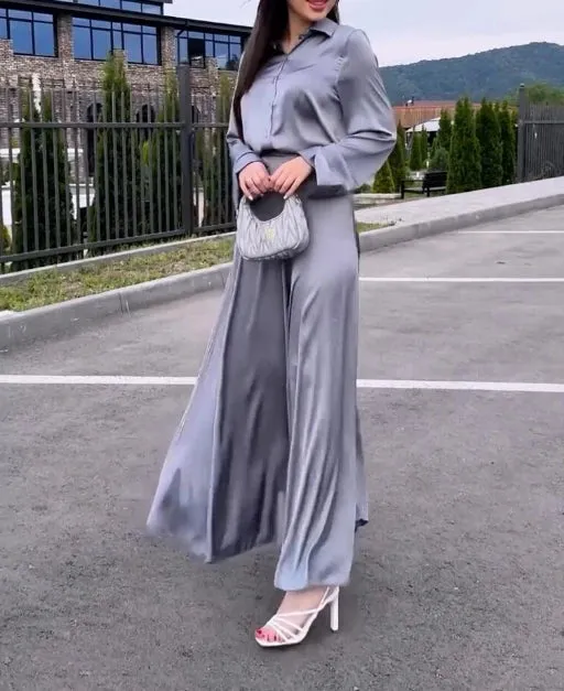 Joskaa Elegant Women's Sets Autumn Loose Solid Color Satin Long Sleeved Tops Straight Casual Long Skirt Sexy Urban Women's Skirt Sets