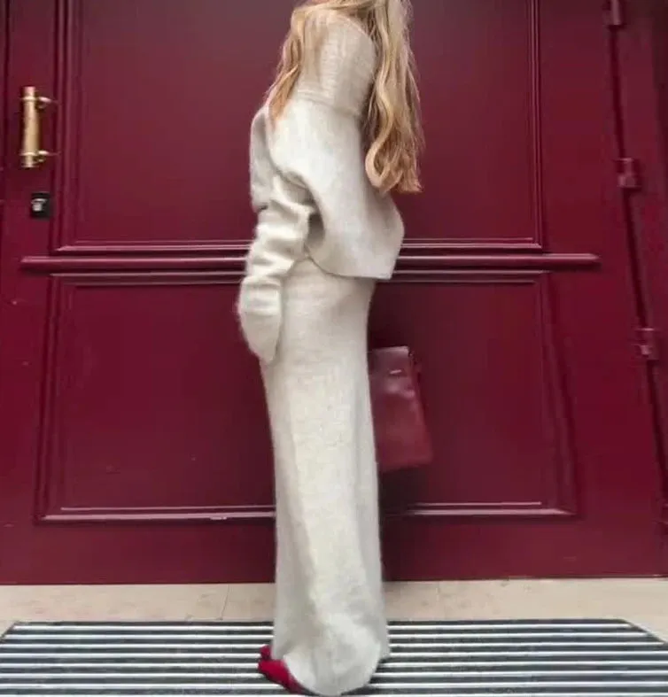 Joskaa French Lazy Style Elegant Knitted Skirt Sets One Shoulder Sweater Top Long Skirt Sets Commuting Autumn Urban Women's Skirt Sets