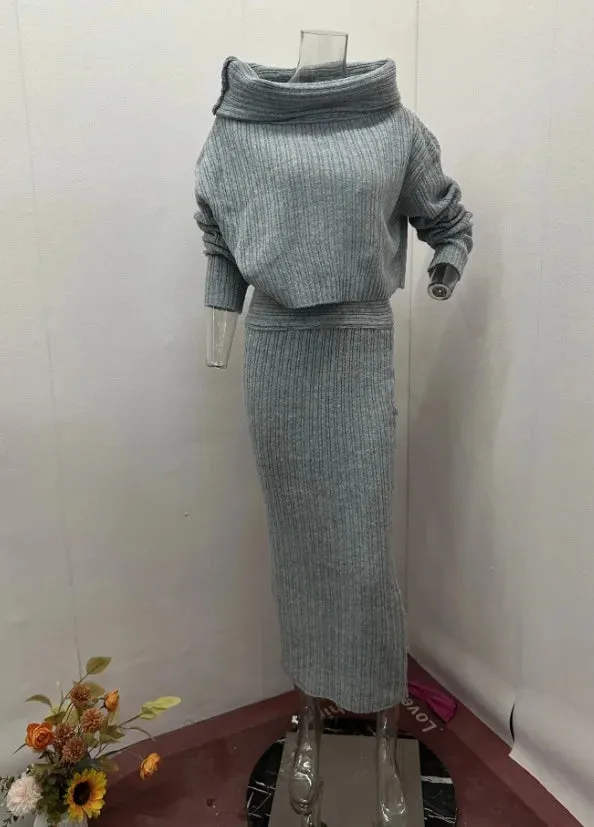 Joskaa French Lazy Style Elegant Knitted Skirt Sets One Shoulder Sweater Top Long Skirt Sets Commuting Autumn Urban Women's Skirt Sets