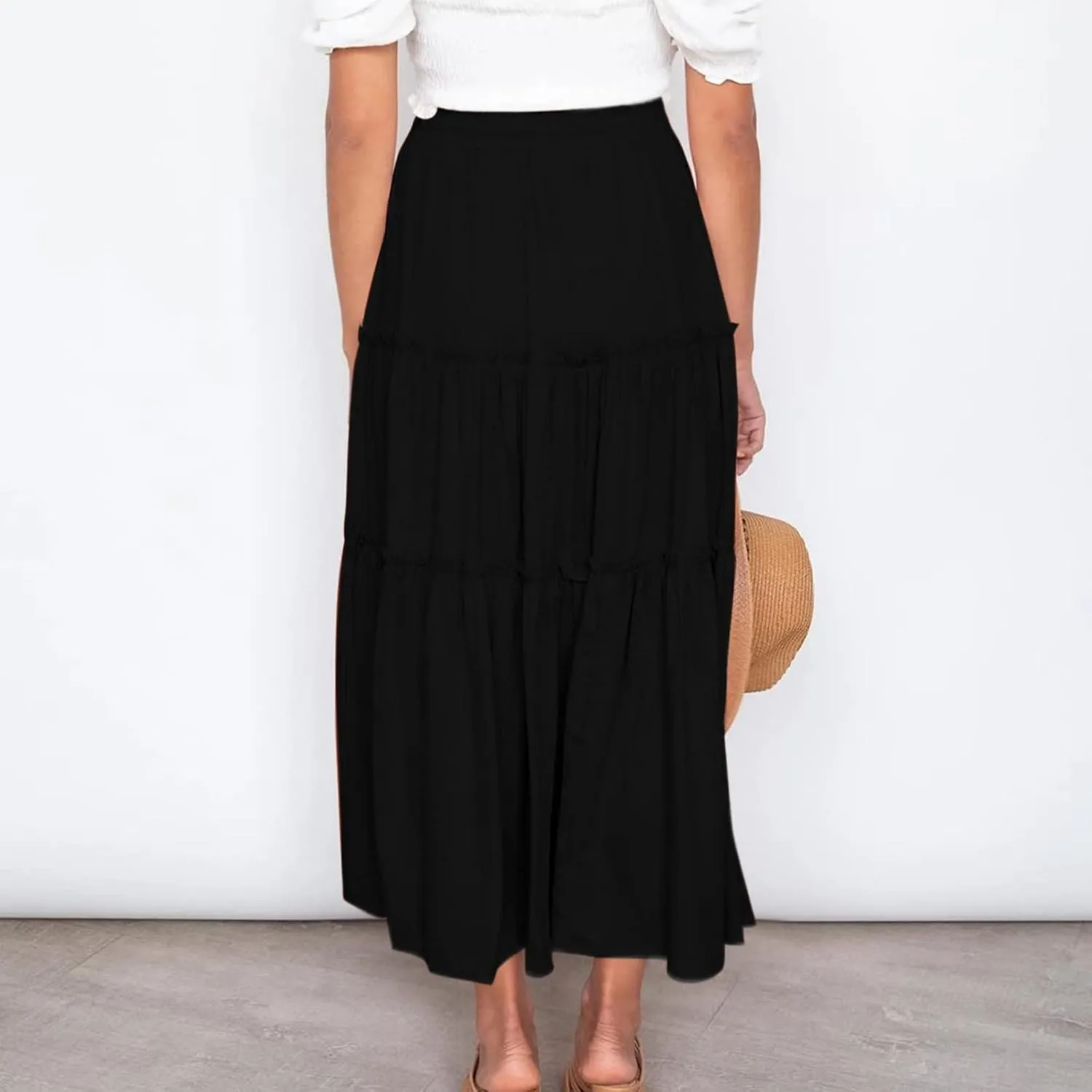 jsaierl Women Summer Ruffle Skirts Casual Swing Flowy Boho Long Dress Elastic High Waited Tie Tiered Beach Skirt 2025