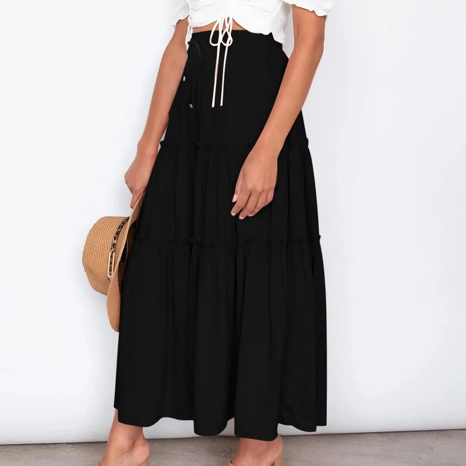 jsaierl Women Summer Ruffle Skirts Casual Swing Flowy Boho Long Dress Elastic High Waited Tie Tiered Beach Skirt 2025