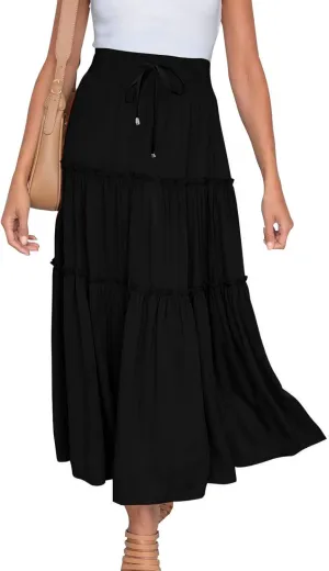 jsaierl Women Summer Ruffle Skirts Casual Swing Flowy Boho Long Dress Elastic High Waited Tie Tiered Beach Skirt 2025