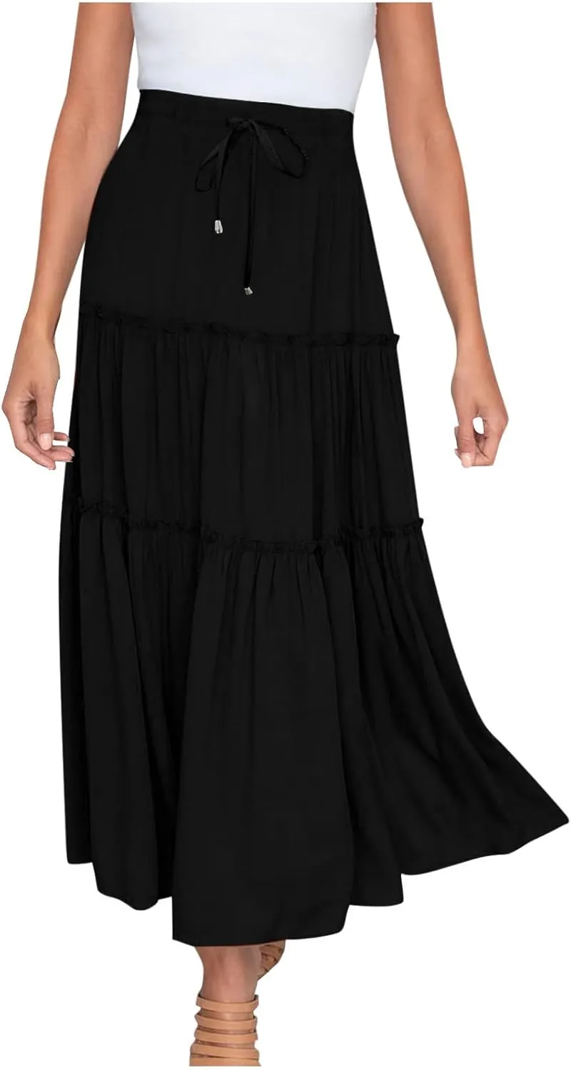 jsaierl Women Summer Ruffle Skirts Casual Swing Flowy Boho Long Dress Elastic High Waited Tie Tiered Beach Skirt 2025