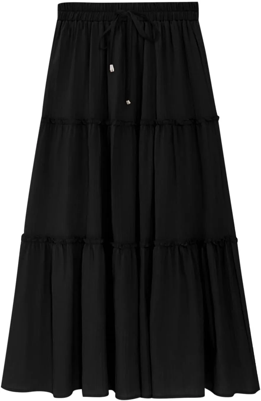jsaierl Women Summer Ruffle Skirts Casual Swing Flowy Boho Long Dress Elastic High Waited Tie Tiered Beach Skirt 2025