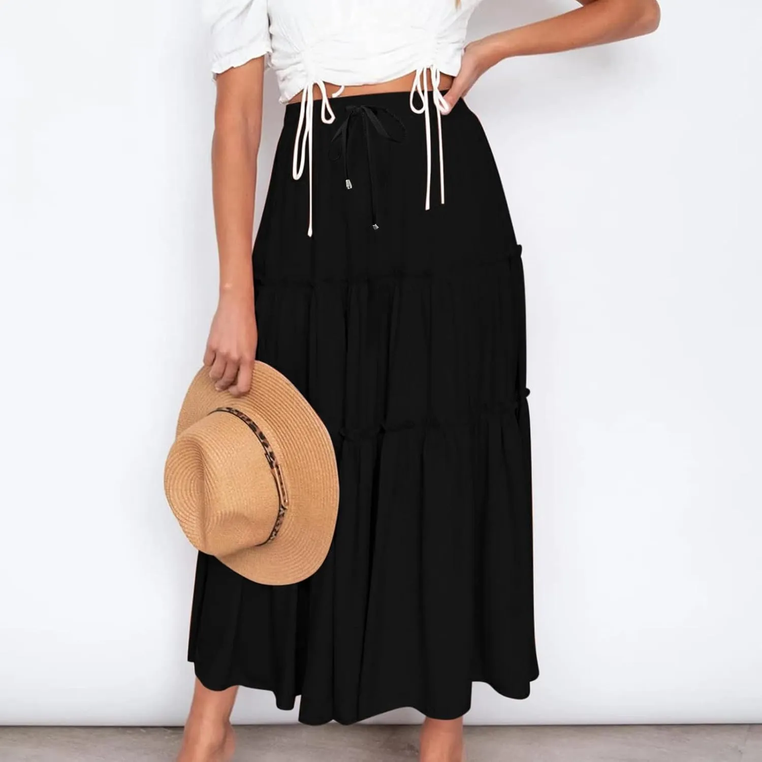 jsaierl Women Summer Ruffle Skirts Casual Swing Flowy Boho Long Dress Elastic High Waited Tie Tiered Beach Skirt 2025