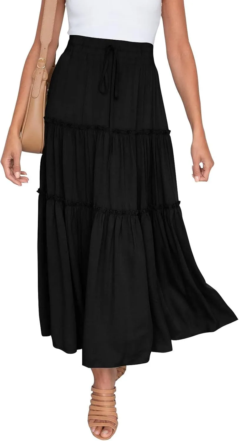 jsaierl Women Summer Ruffle Skirts Casual Swing Flowy Boho Long Dress Elastic High Waited Tie Tiered Beach Skirt 2025