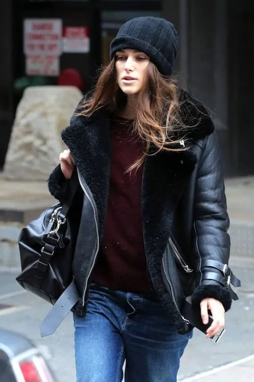 KEIRA KNIGHTLEY BLACK FAUX SHEARLING REAL LEATHER JACKET  | WOMEN CELEBRITY LEATHER JACKET