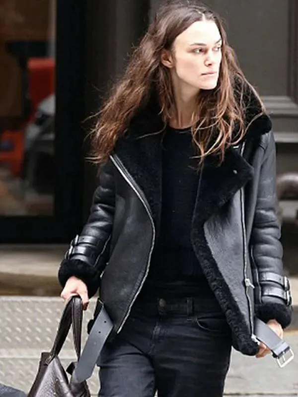 KEIRA KNIGHTLEY BLACK FAUX SHEARLING REAL LEATHER JACKET  | WOMEN CELEBRITY LEATHER JACKET