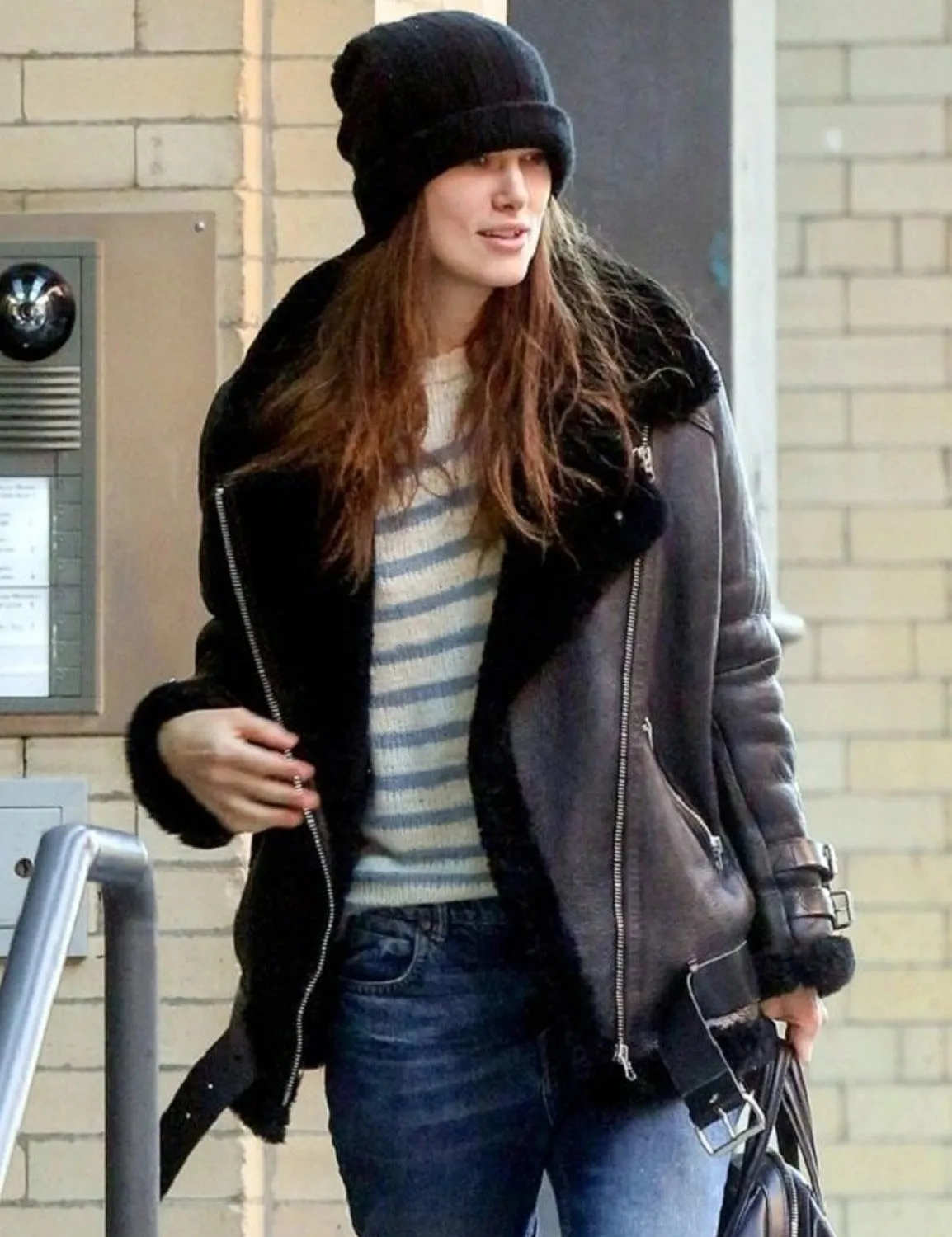 KEIRA KNIGHTLEY BLACK FAUX SHEARLING REAL LEATHER JACKET  | WOMEN CELEBRITY LEATHER JACKET