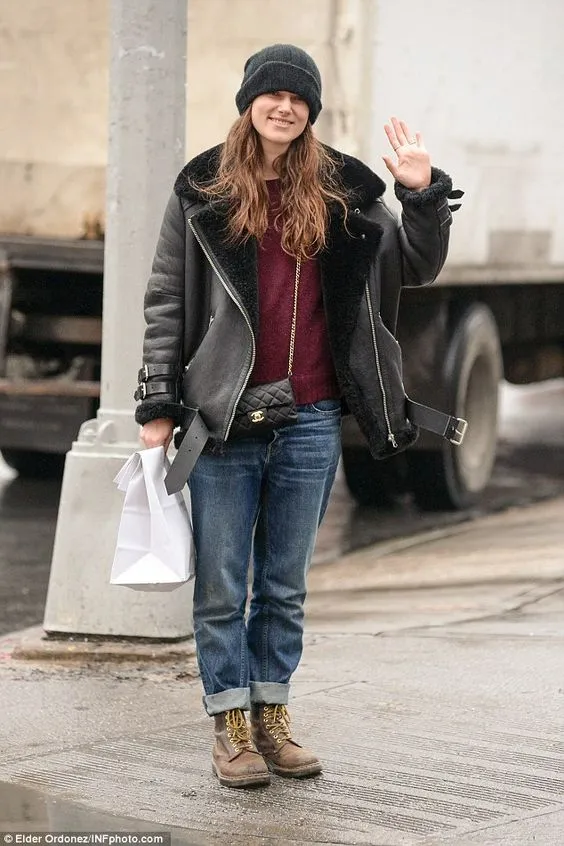 KEIRA KNIGHTLEY BLACK FAUX SHEARLING REAL LEATHER JACKET  | WOMEN CELEBRITY LEATHER JACKET