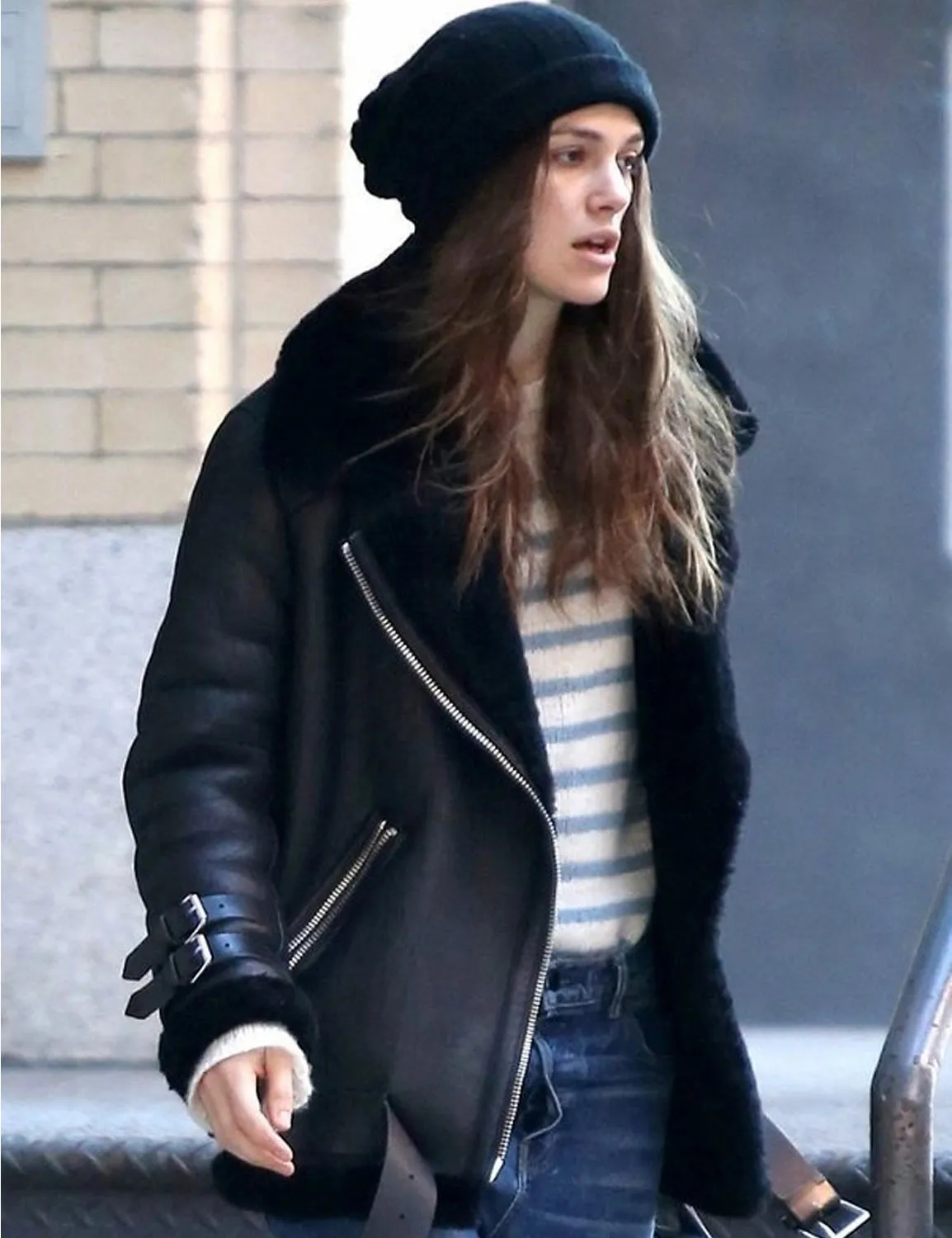 KEIRA KNIGHTLEY BLACK FAUX SHEARLING REAL LEATHER JACKET  | WOMEN CELEBRITY LEATHER JACKET