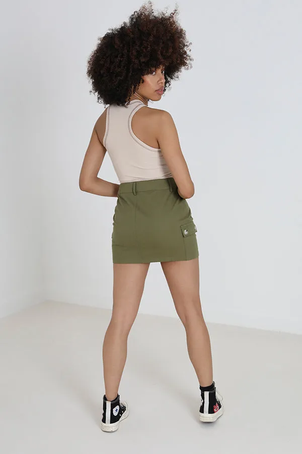 KHAKI CARGO STYLE DENIM MINI SKIRT