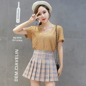 Korean A-Line INS Chequered Pleated High Waist Skirt Women College Skirt