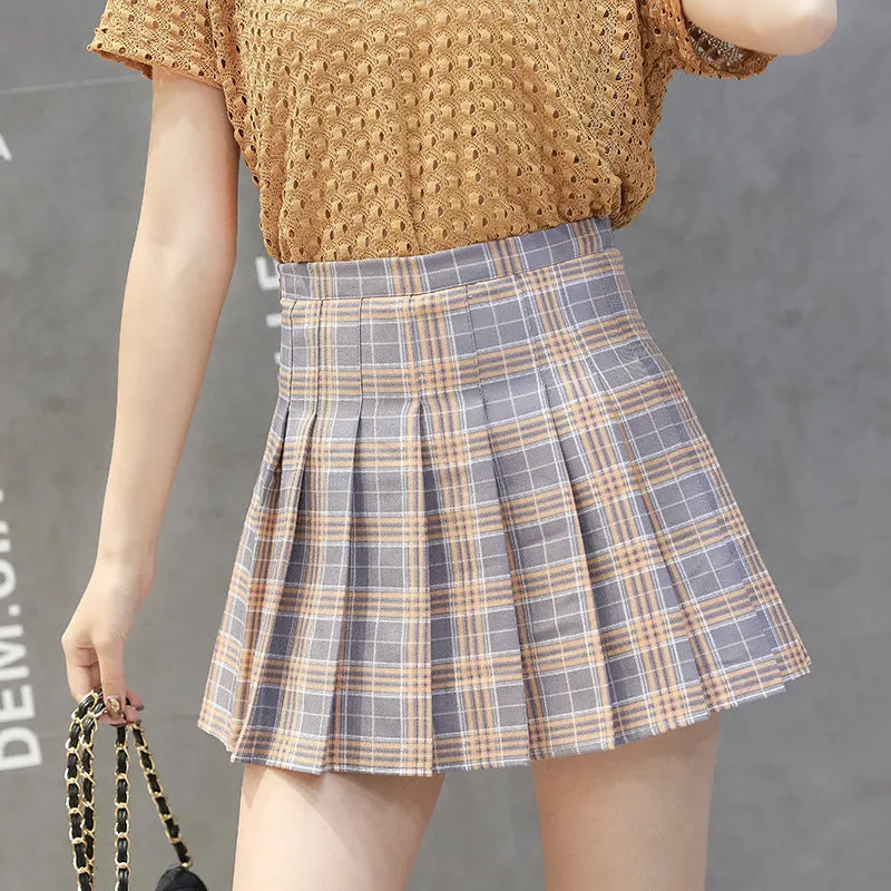 Korean A-Line INS Chequered Pleated High Waist Skirt Women College Skirt