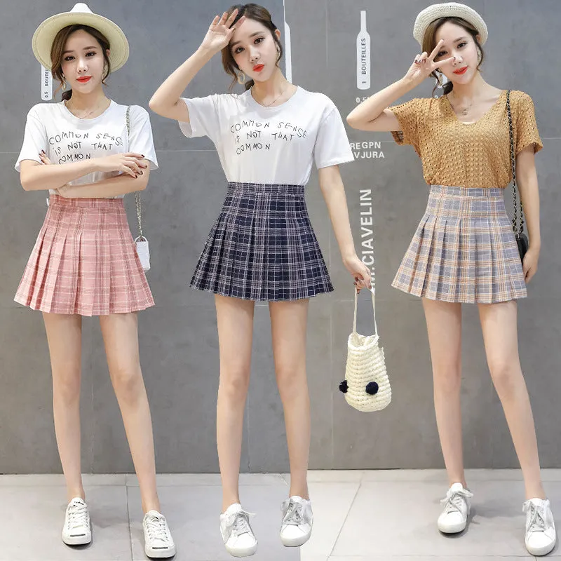 Korean A-Line INS Chequered Pleated High Waist Skirt Women College Skirt