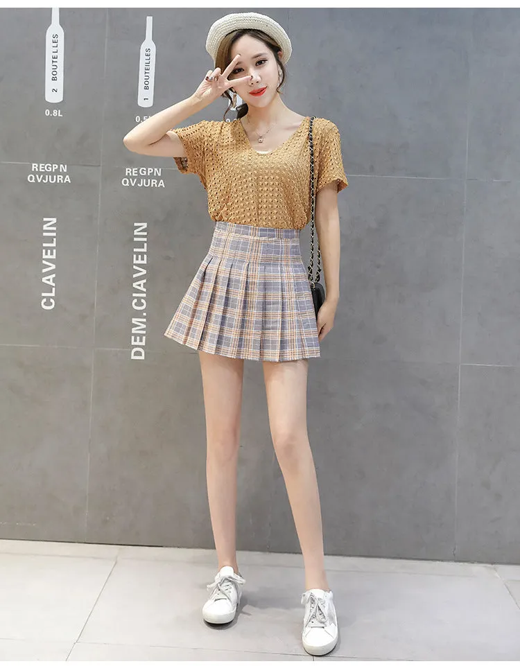 Korean A-Line INS Chequered Pleated High Waist Skirt Women College Skirt