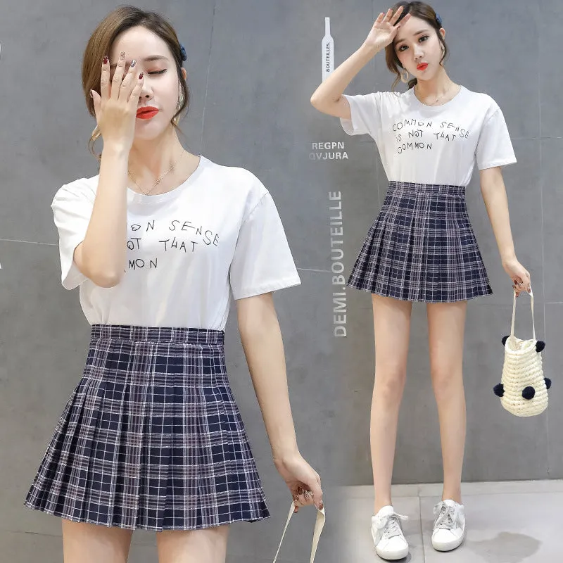 Korean A-Line INS Chequered Pleated High Waist Skirt Women College Skirt