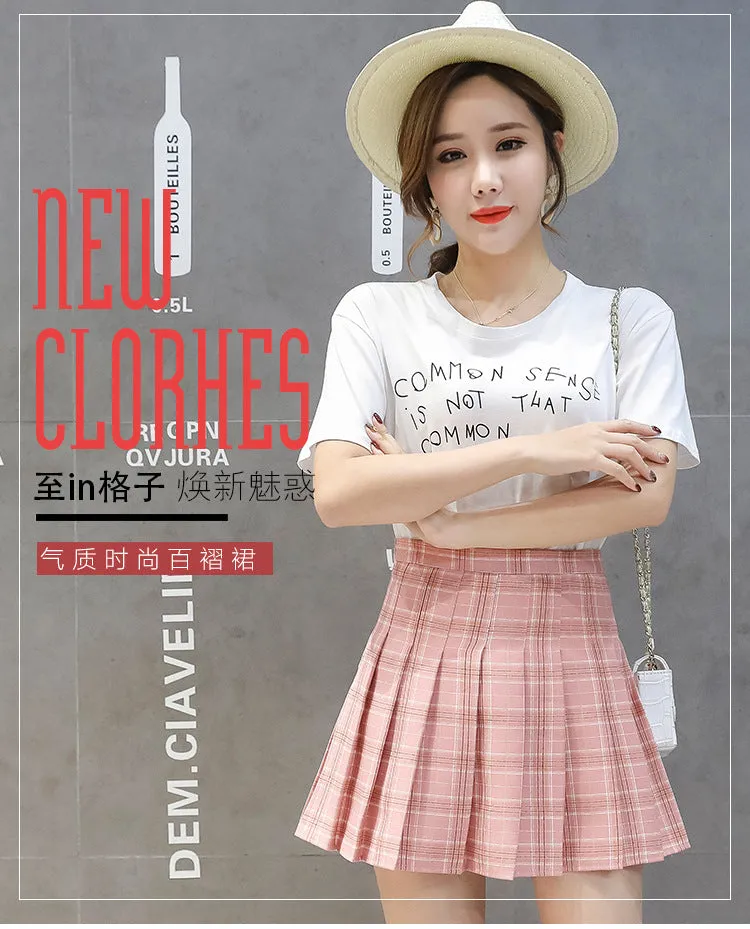 Korean A-Line INS Chequered Pleated High Waist Skirt Women College Skirt