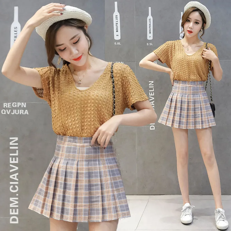 Korean A-Line INS Chequered Pleated High Waist Skirt Women College Skirt