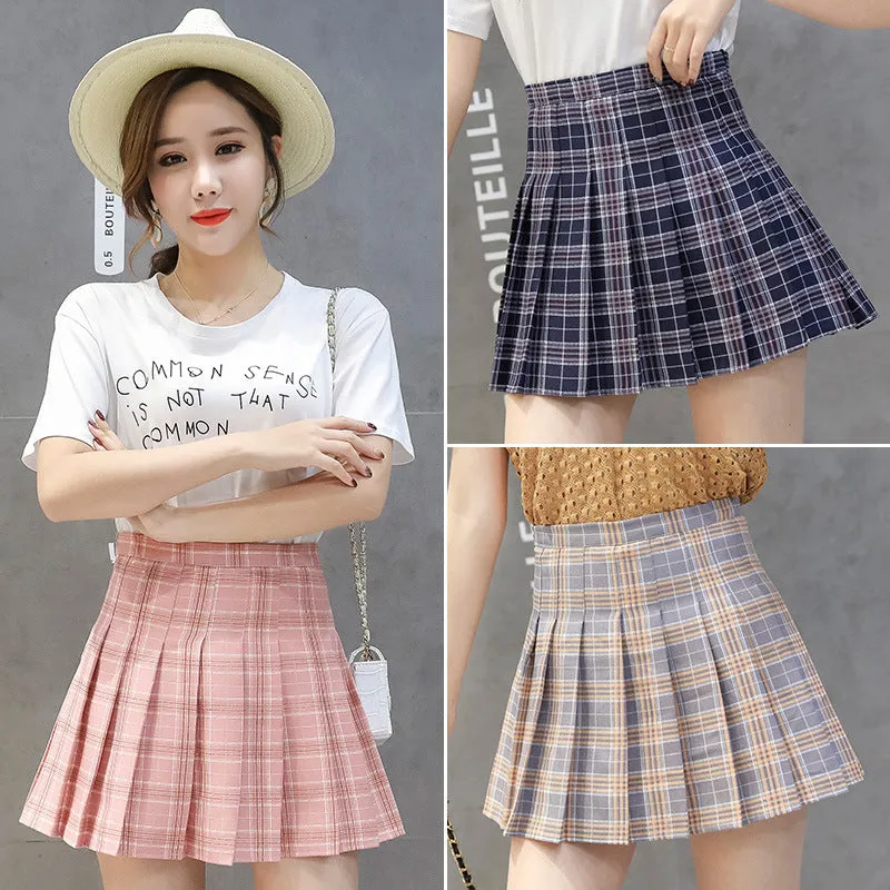 Korean A-Line INS Chequered Pleated High Waist Skirt Women College Skirt