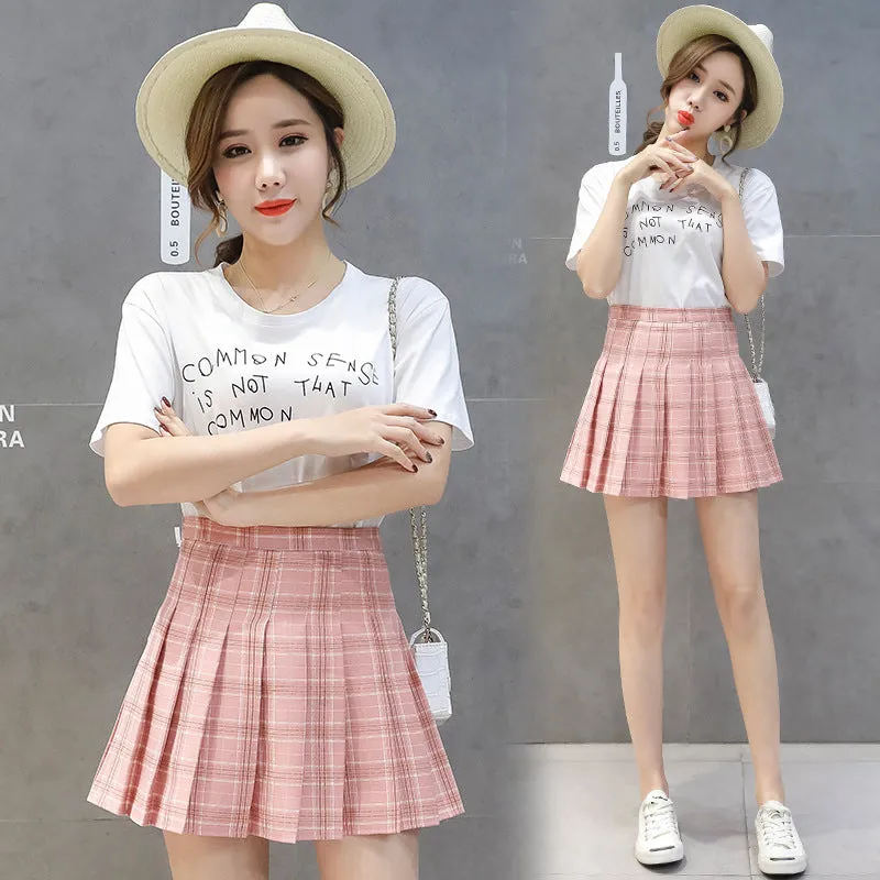 Korean A-Line INS Chequered Pleated High Waist Skirt Women College Skirt