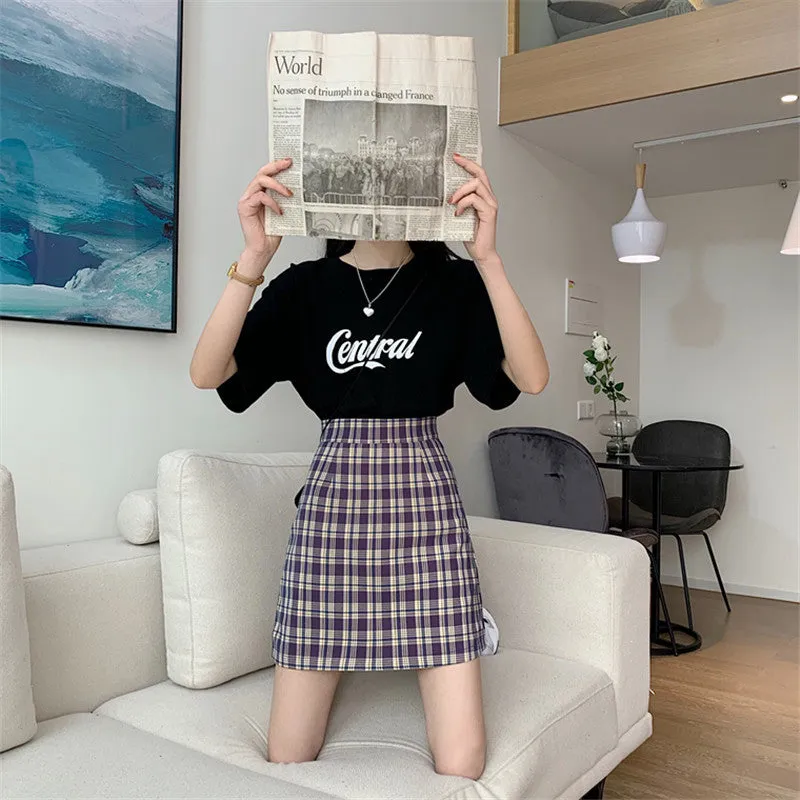 Korean Popular bmChequered A-Line Skirt Women Summer All-Matching High Waist Slim Look French Elegant Skirt
