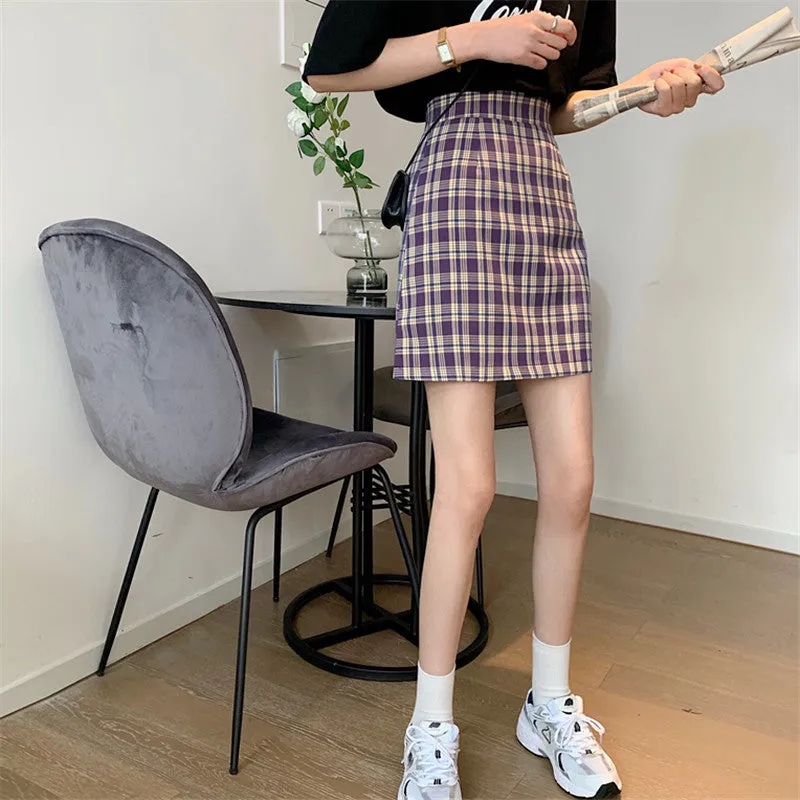 Korean Popular bmChequered A-Line Skirt Women Summer All-Matching High Waist Slim Look French Elegant Skirt