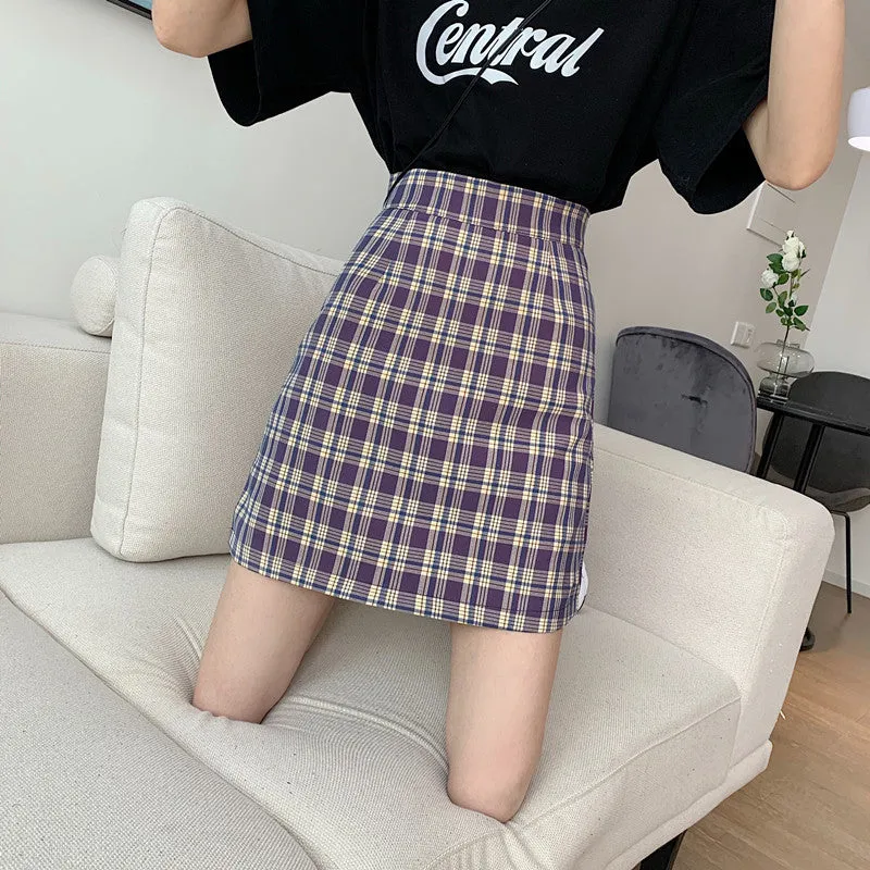 Korean Popular bmChequered A-Line Skirt Women Summer All-Matching High Waist Slim Look French Elegant Skirt