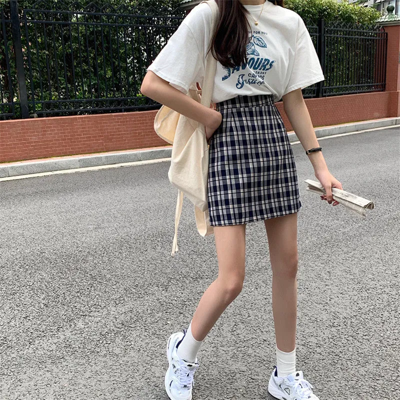 Korean Popular bmChequered A-Line Skirt Women Summer All-Matching High Waist Slim Look French Elegant Skirt