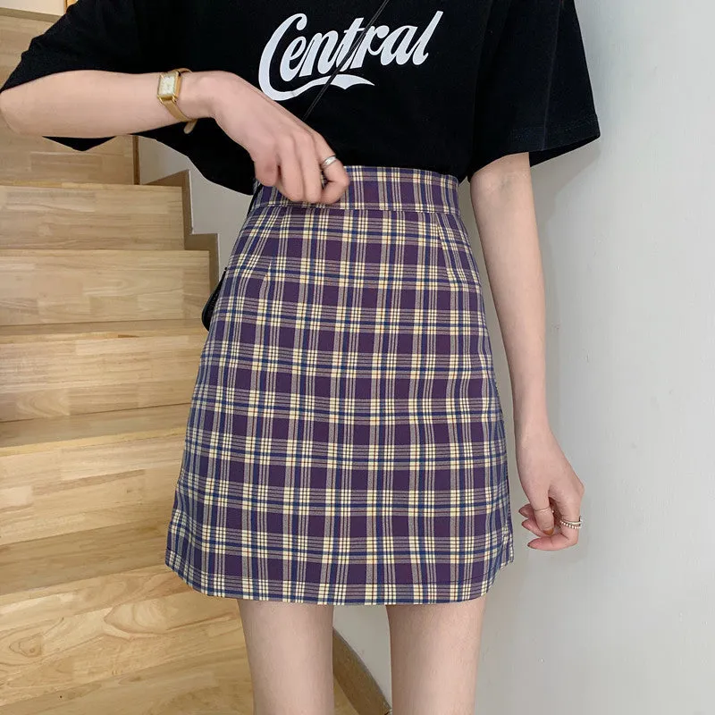 Korean Popular bmChequered A-Line Skirt Women Summer All-Matching High Waist Slim Look French Elegant Skirt