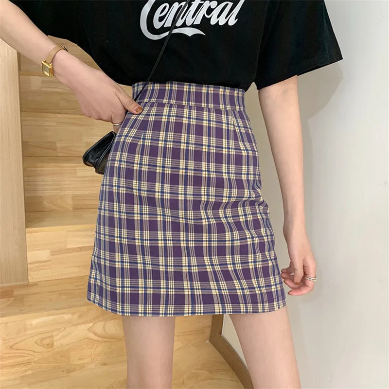 Korean Popular bmChequered A-Line Skirt Women Summer All-Matching High Waist Slim Look French Elegant Skirt