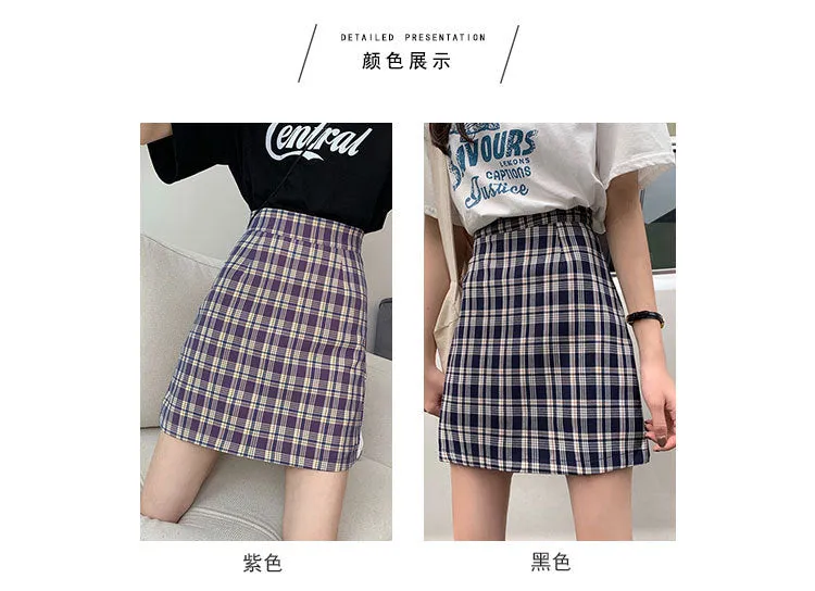 Korean Popular bmChequered A-Line Skirt Women Summer All-Matching High Waist Slim Look French Elegant Skirt