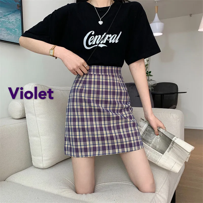 Korean Popular bmChequered A-Line Skirt Women Summer All-Matching High Waist Slim Look French Elegant Skirt