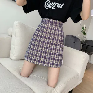 Korean Popular bmChequered A-Line Skirt Women Summer All-Matching High Waist Slim Look French Elegant Skirt