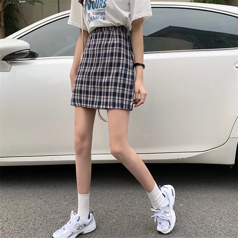 Korean Popular bmChequered A-Line Skirt Women Summer All-Matching High Waist Slim Look French Elegant Skirt
