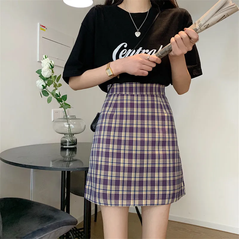 Korean Popular bmChequered A-Line Skirt Women Summer All-Matching High Waist Slim Look French Elegant Skirt